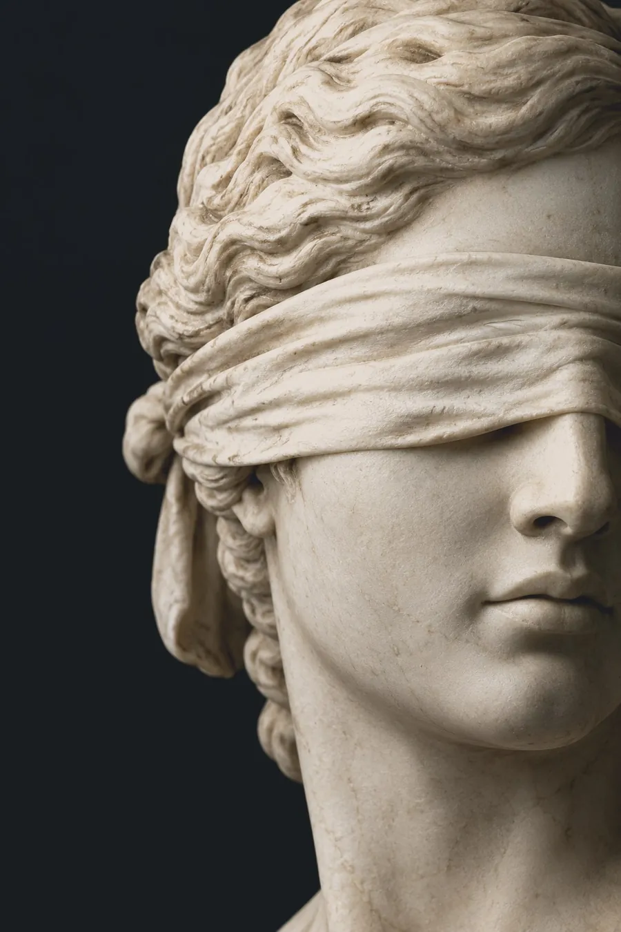 Rosto da estátua de Têmis em mármore, com os olhos vendados